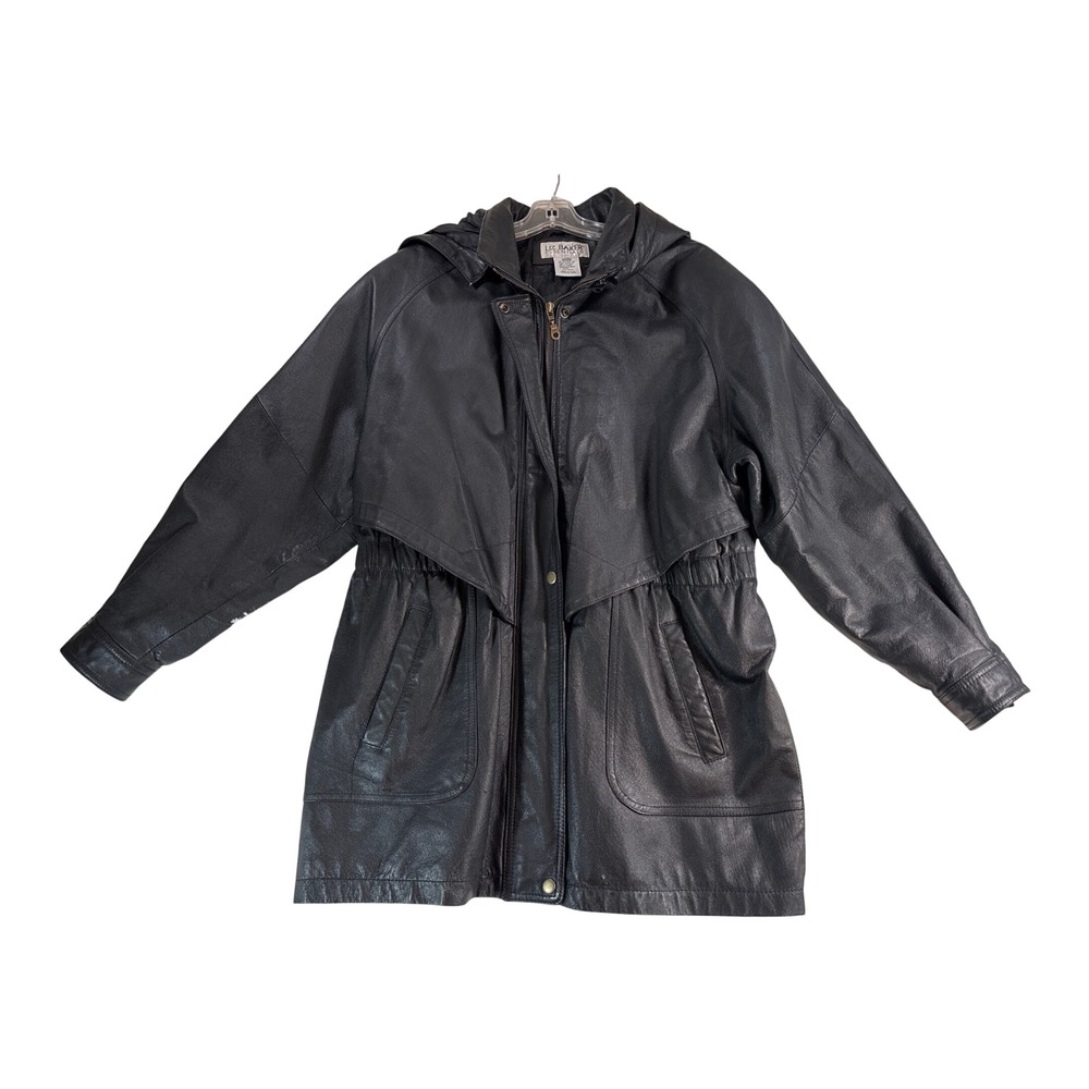 Liz Baker Essentials Vintage Black Leather Hooded Anorak Jacket Large RN 93677